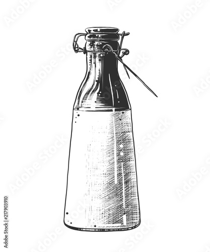 Vector engraved style illustration for posters, decoration and print. Hand drawn sketch of milk bottle in monochrome isolated on white background. Detailed vintage woodcut style drawing.