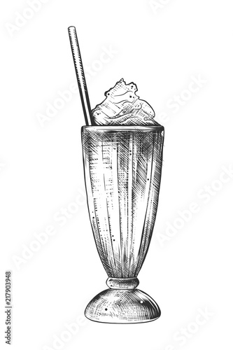 Vector engraved style illustration for posters, decoration and print. Hand drawn sketch of milkshake in monochrome isolated on white background. Detailed vintage woodcut style drawing.