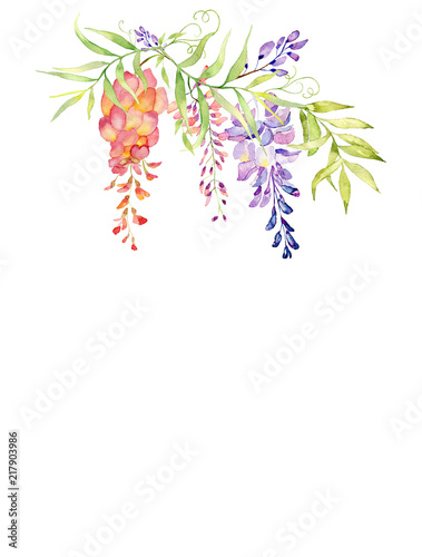 Hand drawn watercolor bouquet of flowers and leaves.Watercolor illustration. You can use for decoration of postcards, wedding invitations, parties, flyers, decorative design.