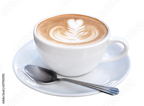 Hot coffee cappuccino latte art with spoon isolated on white background, clipping path included