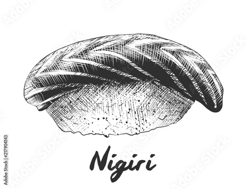 Vector engraved style illustration for posters, decoration and print. Hand drawn sketch of nigiri salmon in monochrome isolated on white background. Detailed vintage woodcut style drawing.