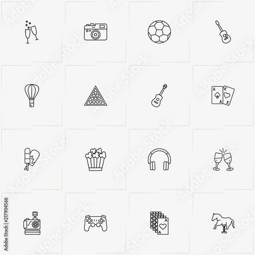 Entertaiment line icon set with air balloon, guitar  and ice cream