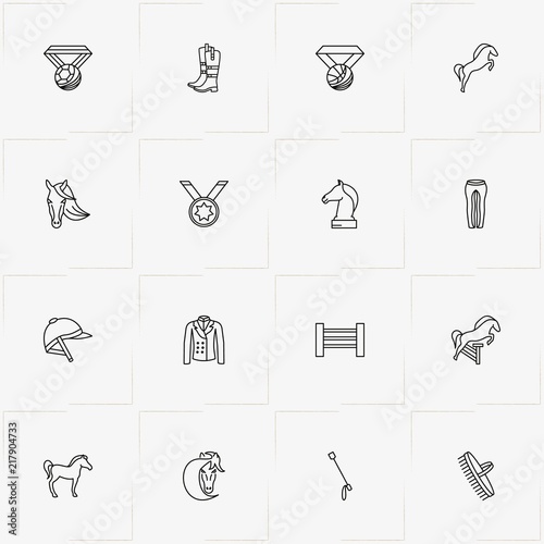 Equestrian Sport line icon set with horse, jockey uniform and jockey helmet