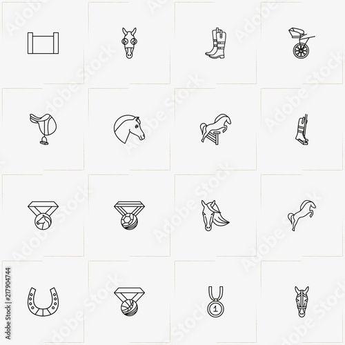 Equestrian Sport line icon set with medal  horse and jockey shoe