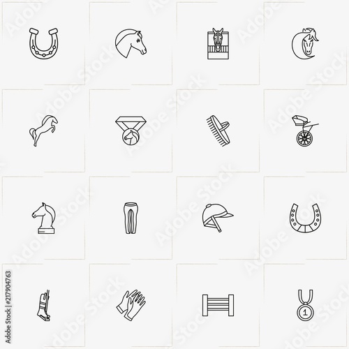 Equestrian Sport line icon set with jockey helmet , jockey uniform and jockey carriage