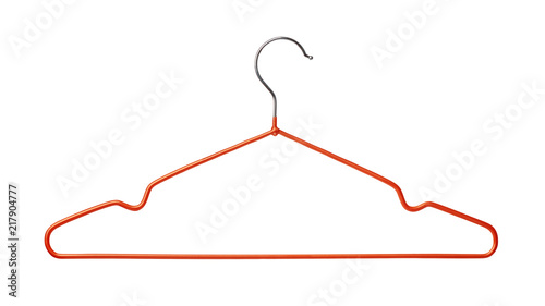 Empty red wire coat hanger photo