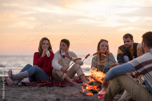 Group Of Young Friends Sitting By The Fire at beach