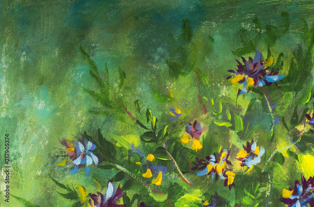 Oil painting Bush of violet yellow flowers on a green background nature  flower illustration artwork on canvas art Stock Illustration | Adobe Stock