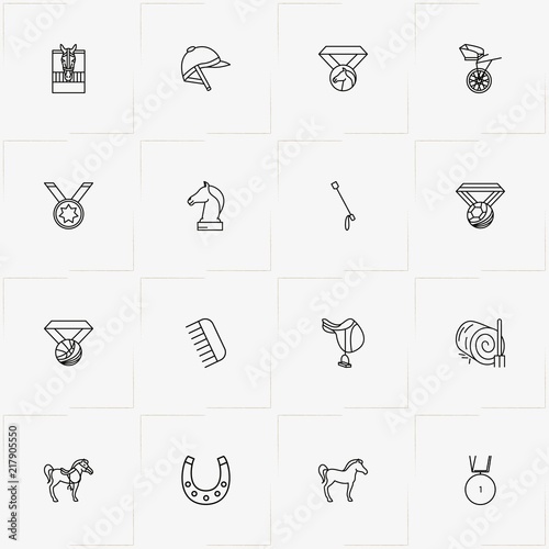 Equestrian Sport line icon set with jockey helmet , chess horse figure  and horse