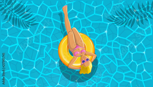 Young beautiful woman bathes in the pool. Summer design. Cute girl in sunglasses swims on a yellow inflatable circle. Vector illustration