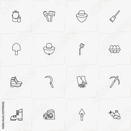 Farm line icon set with milk can , gloves and egg cage