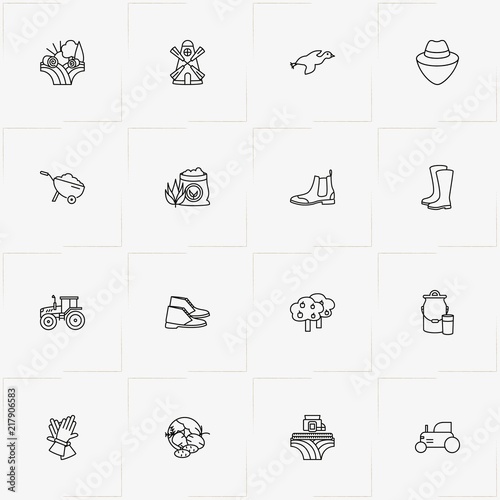 Farm line icon set with tractor , vegetables and gloves
