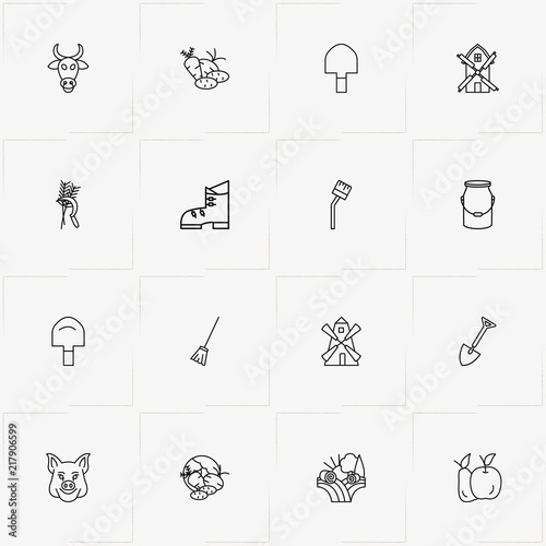 Farm line icon set with boots, vegetables and mill