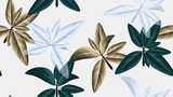 Seamless pattern, green, golden and white leaves on light grey background