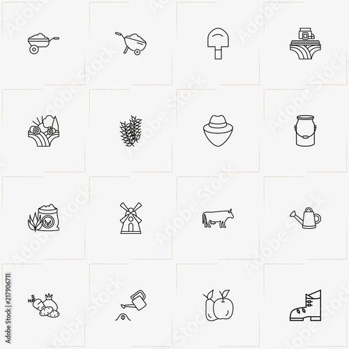 Farm line icon set with wheelbarrow, combine harvester and vegetables