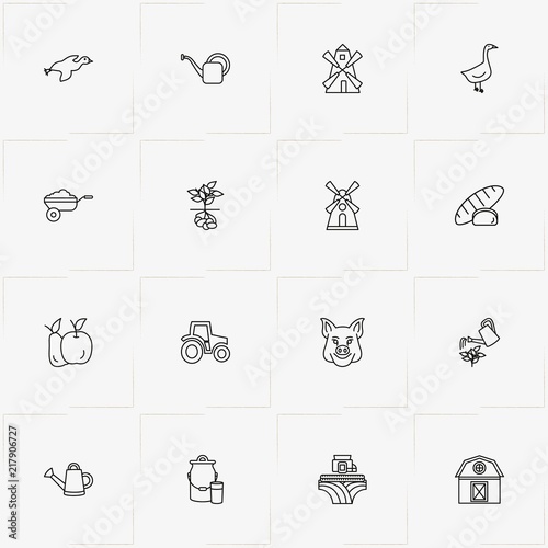 Farm line icon set with combine harvester, loaf of bread  and apple with pear