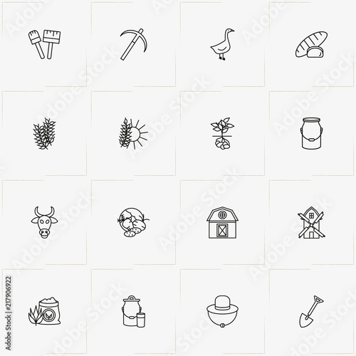 Farm line icon set with shovel, farmer hat and millet sack