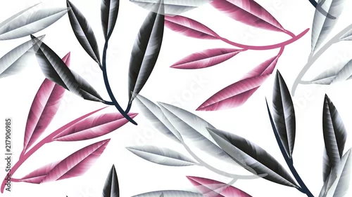 Tapety Jednolity wzór, czarne, różowe i białe ostre liście z gałęzi na białym tle