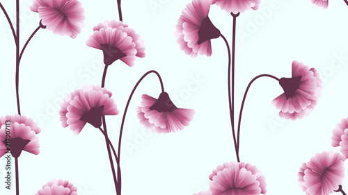 Seamless pattern, pink carnation flowers bouquet on light blue background