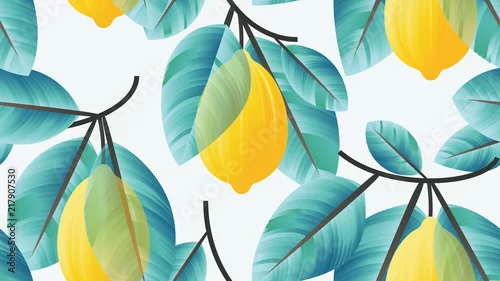 Tapety Bezszwowy wzór, cytryny owoc z błękitnymi liśćmi na gałąź na bławym tle