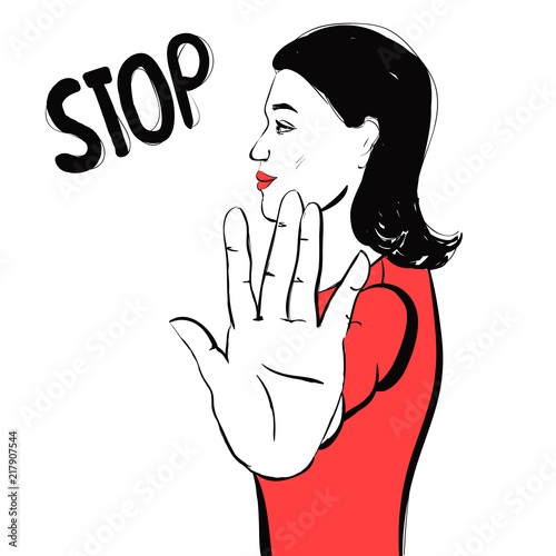 Beautiful brunette woman gesturing NO or stop sign with text. Vector retro style illustration.