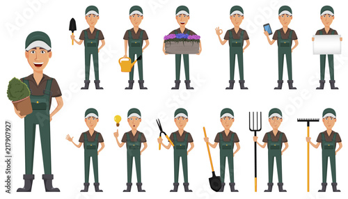 Gardener man, cartoon character in uniform