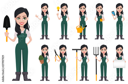 Gardener woman, cartoon character in uniform
