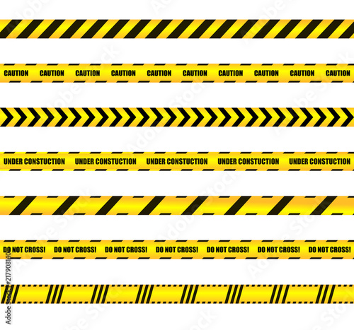 Vector Warn Ribbons Set, Yellow and Black Colored Design Elements, Warning, Caution Signs. © Aleksey