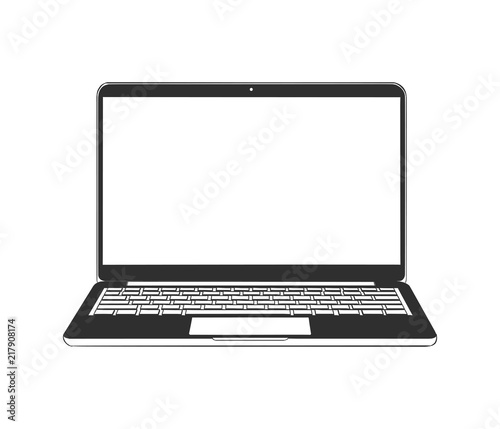 Vector engraved style illustration for posters, decoration and print. Hand drawn sketch of laptop in monochrome isolated on white background. Detailed vintage woodcut style drawing.
