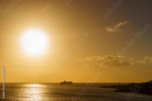 Huge ship underway at sunset photo
