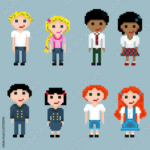 A set of pixel people in pairs.