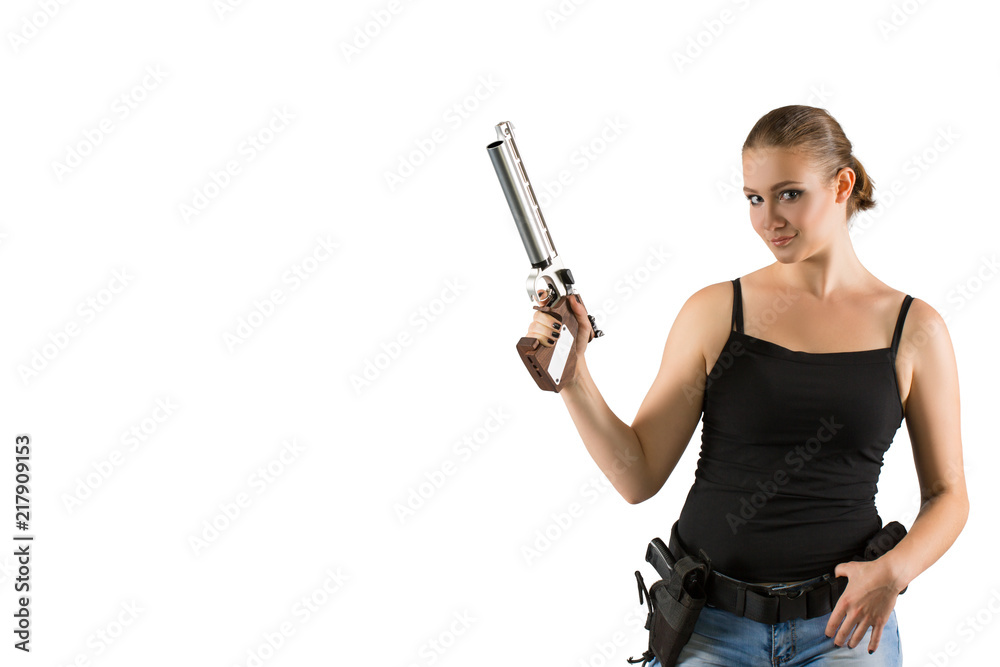 Pistol shooting on white background. Sportsman with a gun. Sport pistol shooting. Pistol shooting on white background. Sportsman with a gun. Sport pistol shooting.