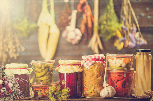 Pickled Marinated Fermented vegetables on shelves