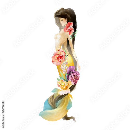 Beautiful watercolor mermaid and flowers, floral bouquet