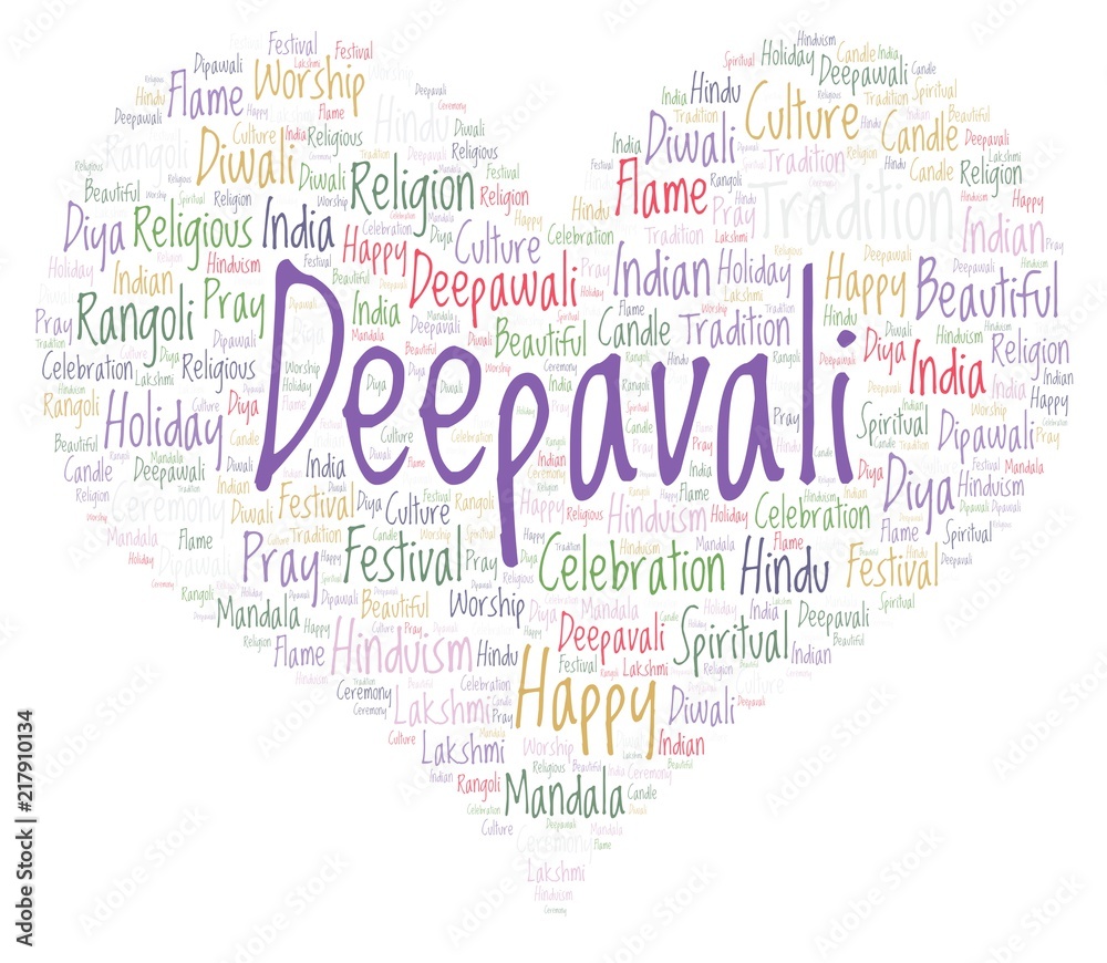 Deepavali in heart shape word cloud. Deepavali in heart shape word cloud.