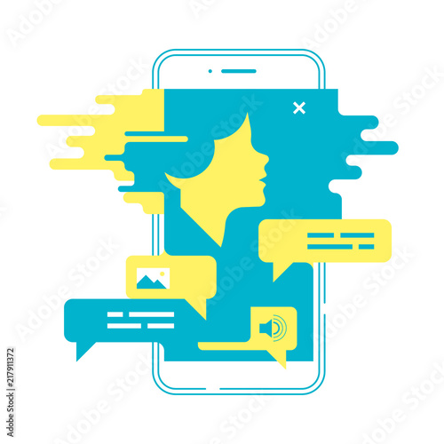 Chatting concept. Man chatting with chatbot on smartphone. Vector illustration