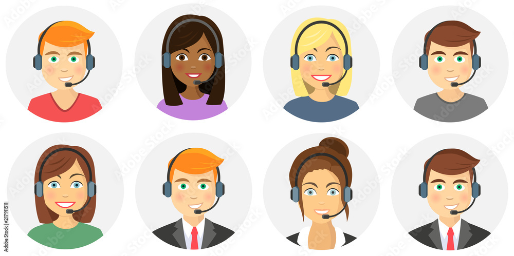 Callcenter Mann und Frau Flat Design Icon Set Callcenter Mann und Frau Flat Design Icon Set
