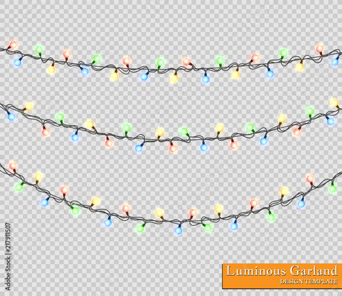 Color garland, festive decorations. Glowing christmas lights isolated on transparent background © Oleh