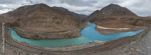 Panoramic two different colors rivers of Indus and Zanskar Rivers in Leh, Ladakh, India.