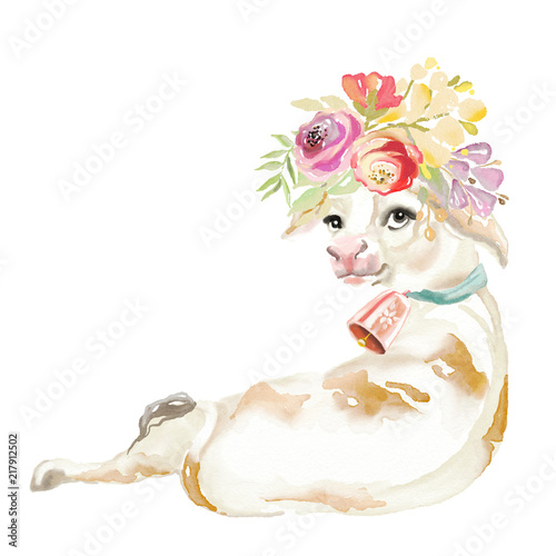 Fototapeta Naklejka Na Ścianę i Meble -  Cute watercolor cow with floral, flowers wreath, bouquet and tied bow with bell