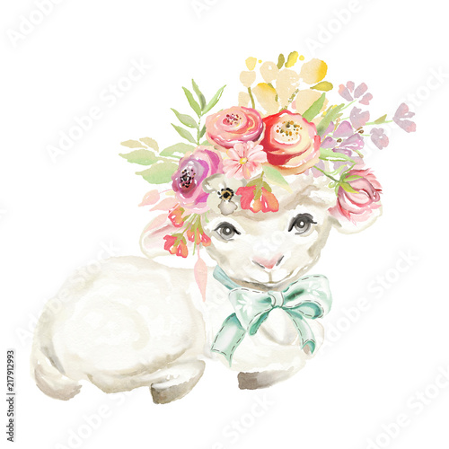 Fototapeta Naklejka Na Ścianę i Meble -  Cute watercolor sheep with tied bow and floral, flowers bouquet, wreath