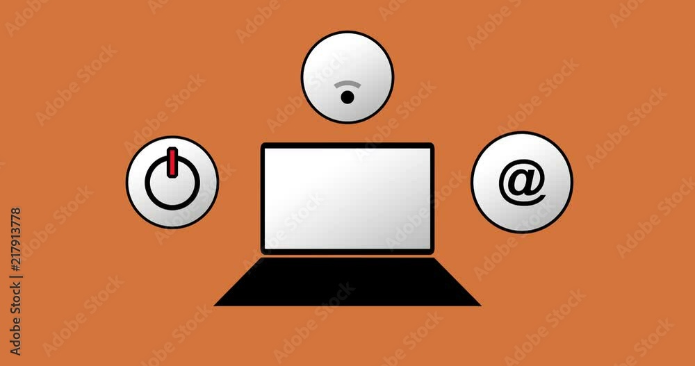 Animation of laptop and data icons that pop up around - Orange background Animation of laptop and data icons that pop up around - Orange background