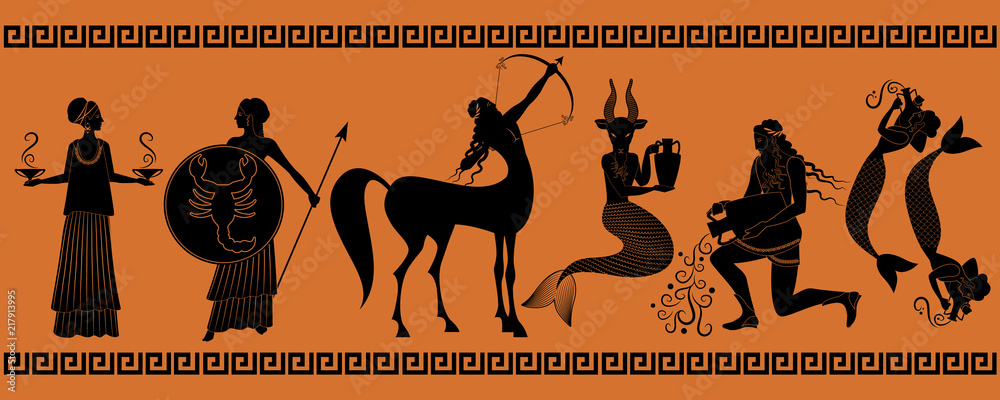 The last six signs of the zodiac as myths of ancient Greece in decorative border: Libra, Scorpio, Sagittarius, Capricorn, Aquarius, Pisces - obrazy, fototapety, plakaty 