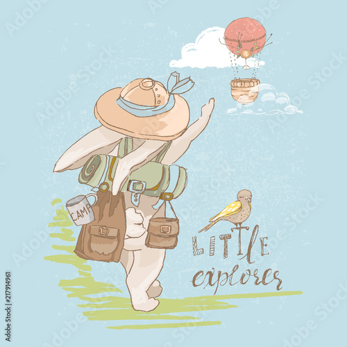 Cute little hand drawn bunny traveller, adventurer with a backpack and a hat, looking at airballoon