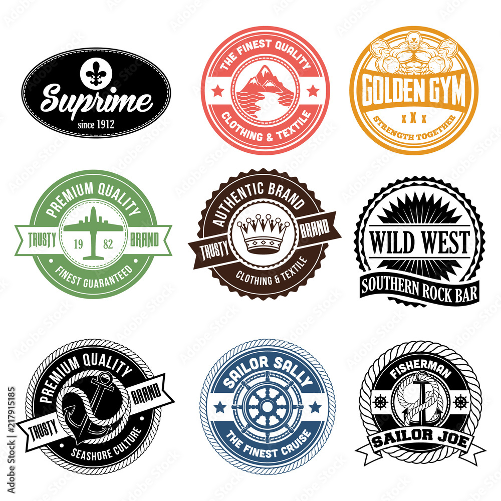 Set of classic company retro or old, vintage badges or banners, sign or logotype, labels and stickers with crown and star, ship steering wheel and anchor, glasses and moustache, laurel wreath
