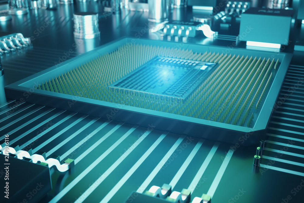 Obraz premium Circuit board. Technology background. Central Computer Processors CPU concept. Motherboard digital chip. Tech science background. Integrated communication processor. 3D illustration