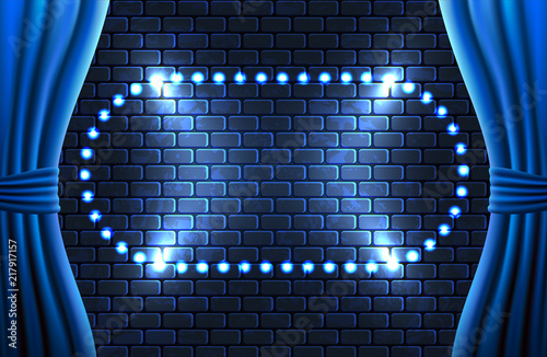 Scene with open curtains and retro glowing frame against decorative brick vintage wall with light from floodlights