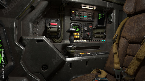 Science fiction pilot's seat in the cockpit. Futuristic spaceship cockpit. Old brown leather pilot seat with yellow safety belts. Sci-fi space fighter craft cockpit. Mech Pilot's seat. 3d rendering.