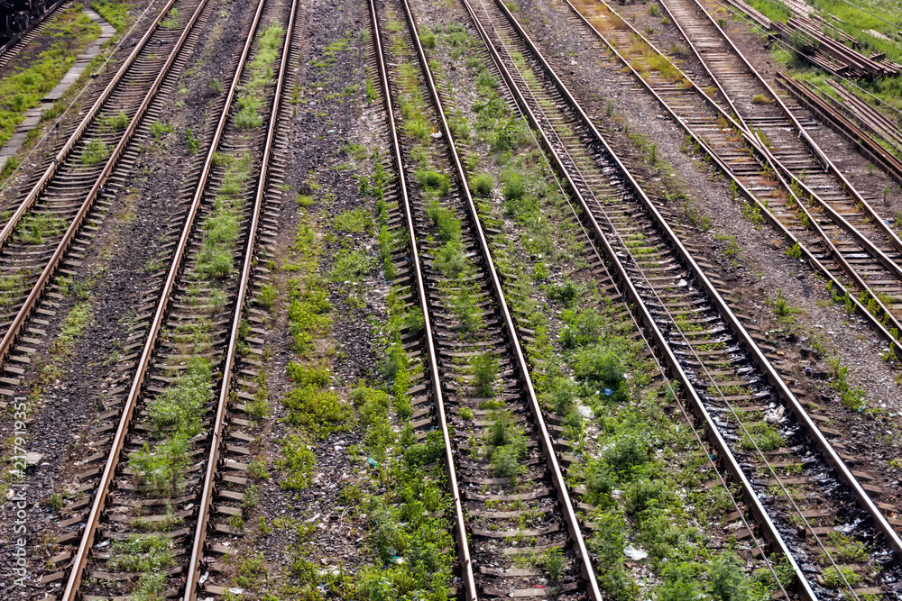 Railway or railroad tracks for train transportation View from above Railway or railroad tracks for train transportation View from above