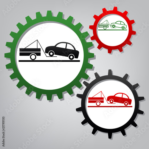 Tow truck sign. Vector. Three connected gears with icons at gray